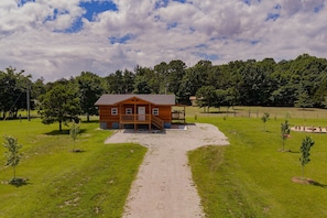 Une cabane en bois dotée d’un porche, entourée d’un champ herbeux et d’arbres, avec un chemin de gravier menant à l’entrée.