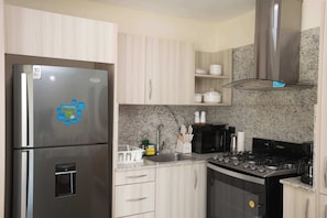 Eine moderne Küche mit einem Edelstahl-Kühlschrank, einem Gasherd und Arbeitsplatten aus Granit.