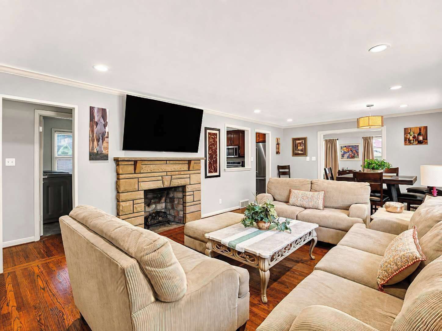 TV, fireplace, foosball, offices