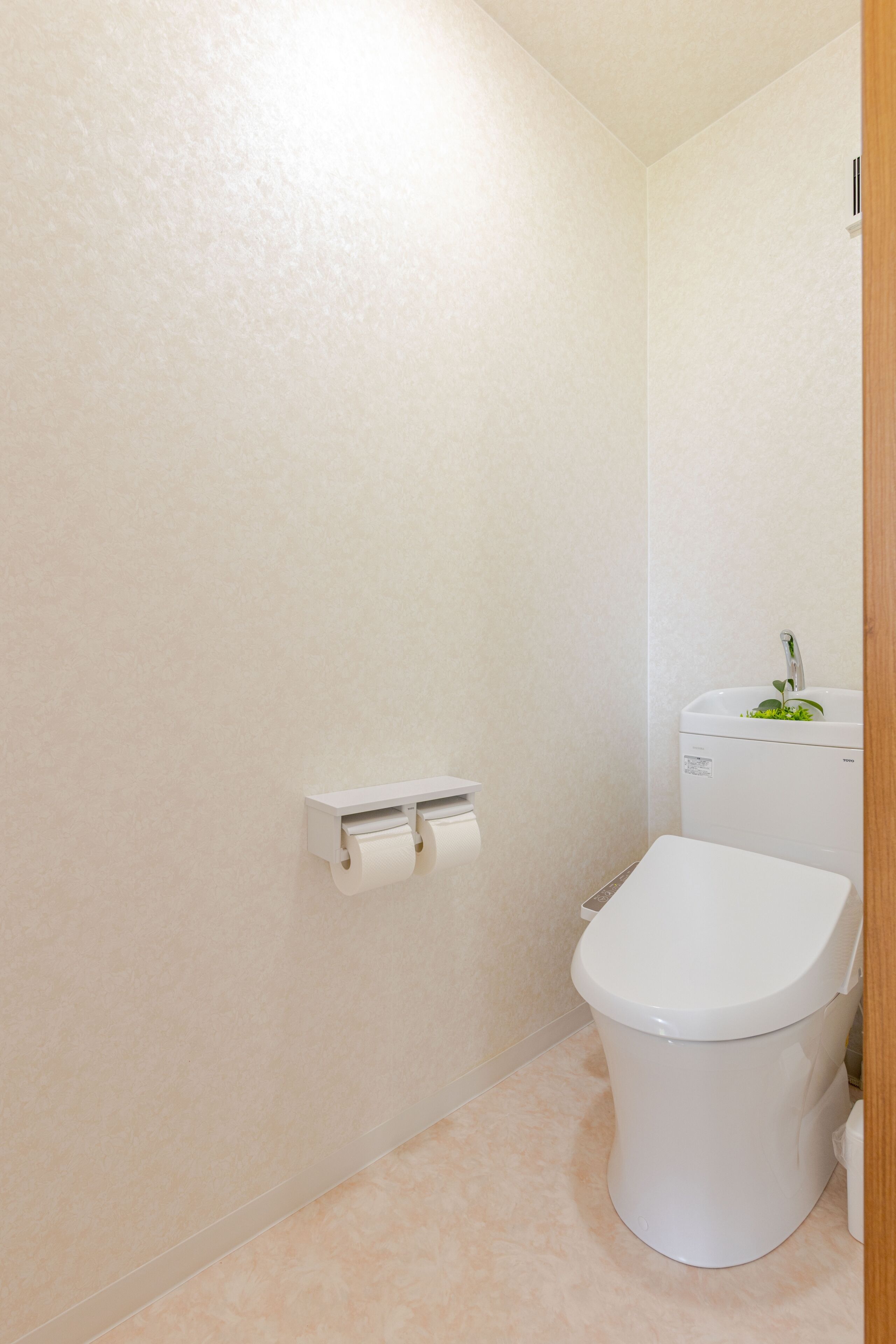 A bathroom with a toilet, a wall-mounted toilet paper holder, and a small plant on the toilet tank.