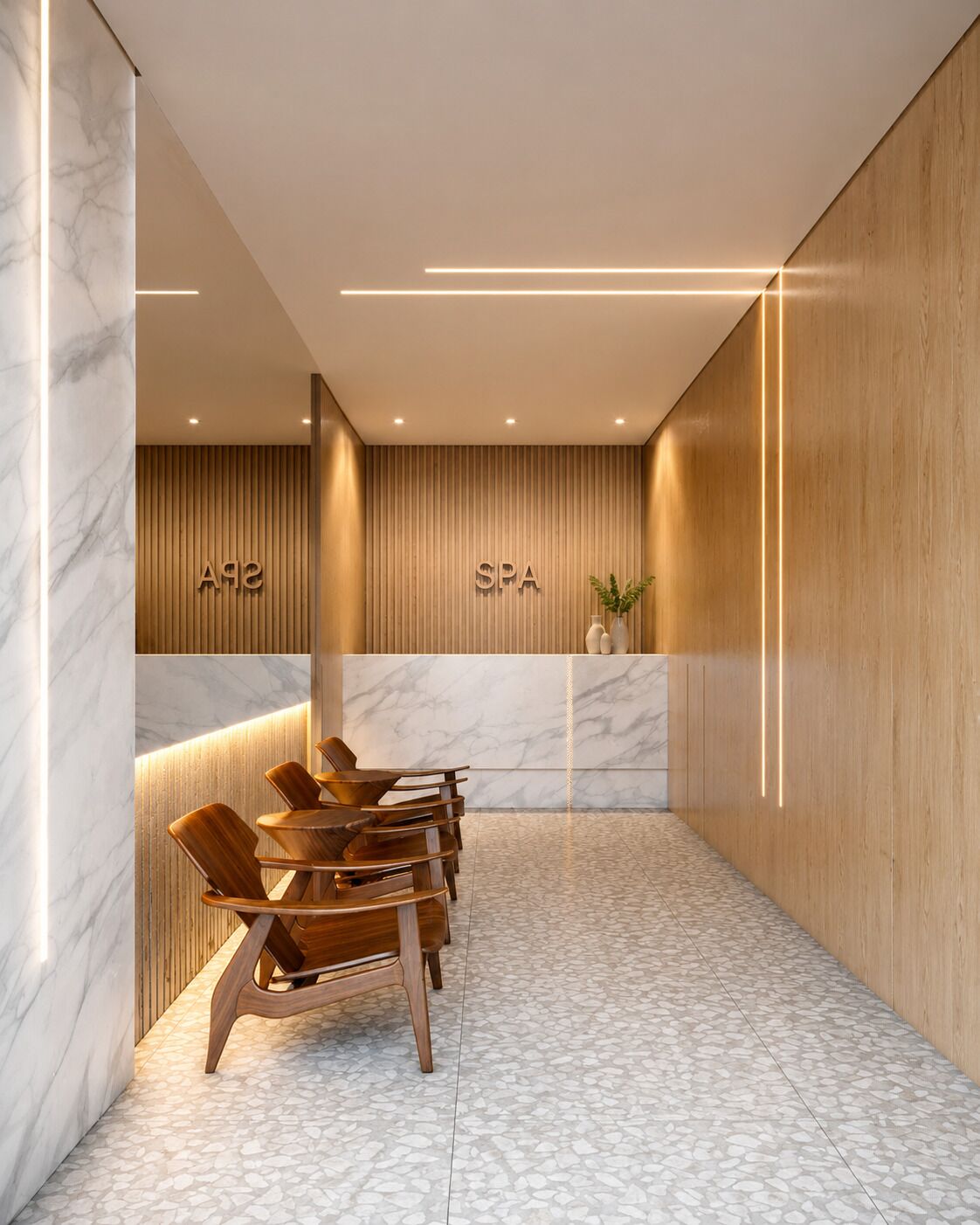 A modern spa reception area with a marble reception desk, wooden panel walls, and a seating area with chairs and tables.