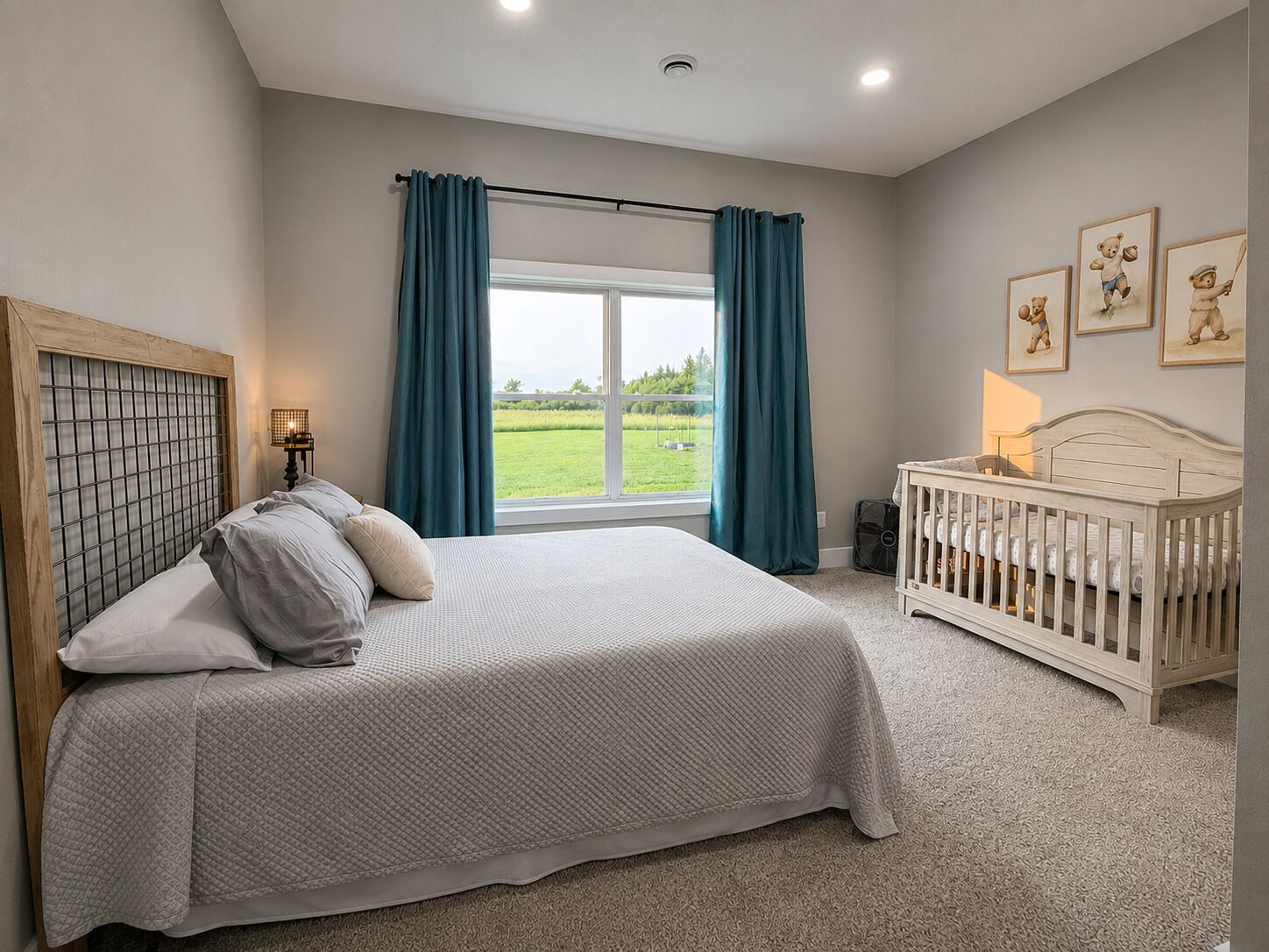 Un dormitorio con cama, cuna, ventana con cortinas y decoración en la pared.