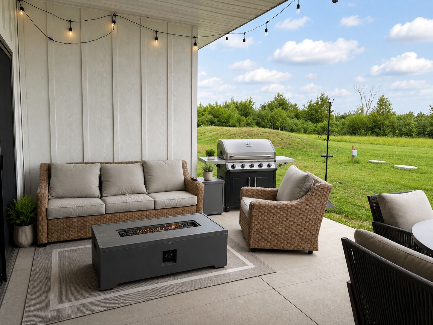 An outdoor patio with a sofa, chairs, a table, a grill, and a fire pit.
