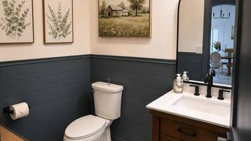 Un bagno con il water, un lavandino e un armadietto, con opere d'arte appese al muro e uno specchio.