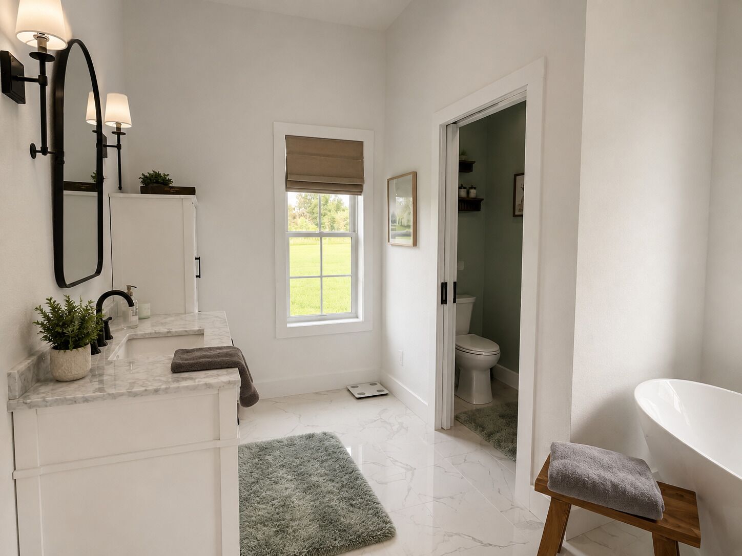 Une salle de bain avec un meuble-lavabo blanc, une grande fenêtre, des toilettes et une baignoire.