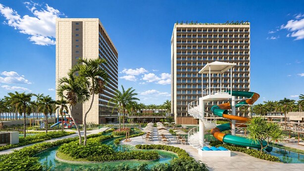 A resort with a pool, palm trees, and a water slide. - #2 Apartment Vista Playground Beach GAV Resorts (Salinópolis)