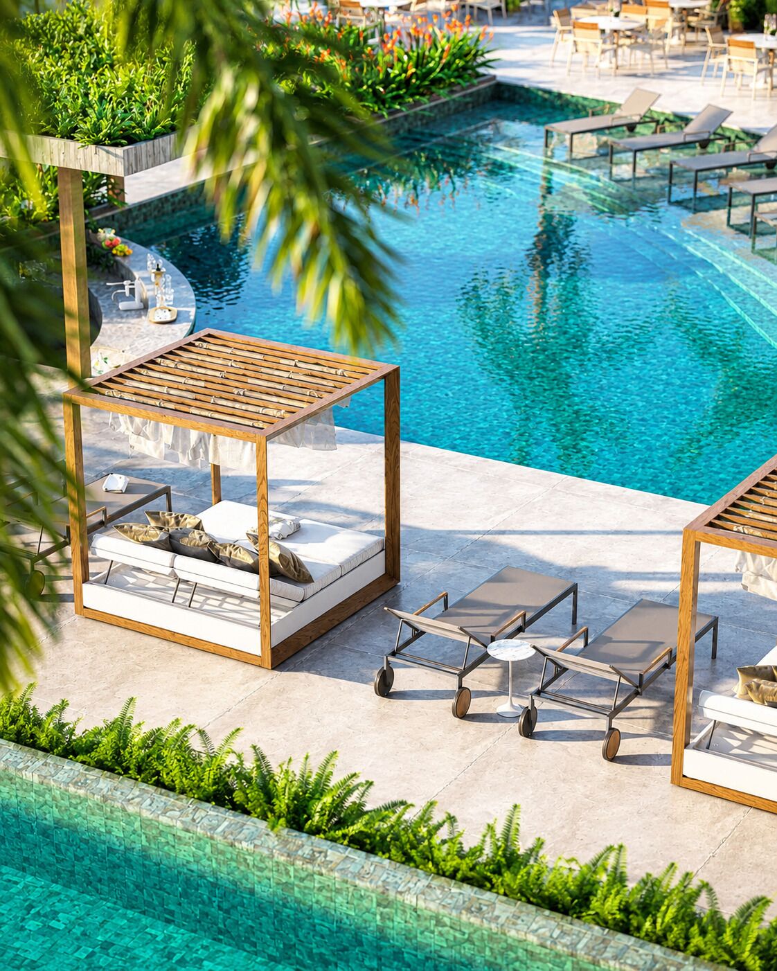 A poolside area with lounge chairs, a wooden pergola, and a small cart.