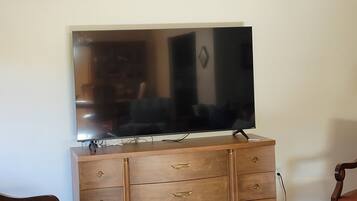 Smart TV, fireplace, DVD player, books