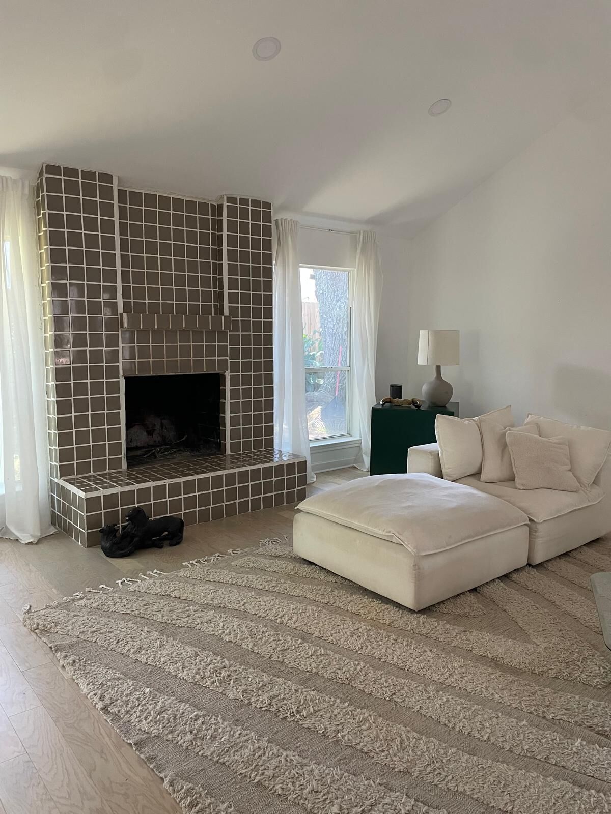 Un salon moderne avec une cheminée, un canapé, un tapis et une lampe.