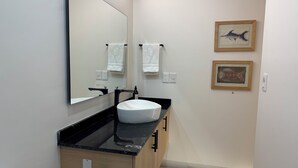 Een moderne badkamer met een zwart aanrecht, een witte wastafel en een grote spiegel. Er hangen twee ingelijste foto's aan de muur en een toiletrolhouder op de kast.