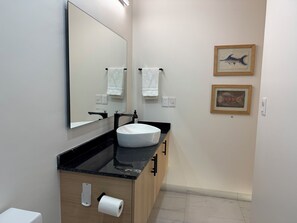 A modern bathroom with a black countertop, a white sink, and a large mirror. There are two framed pictures on the wall and a toilet paper holder on the cabinet. - Fabulous Penthouse with Ocean and Mountain Views (Puerto Vallarta)
