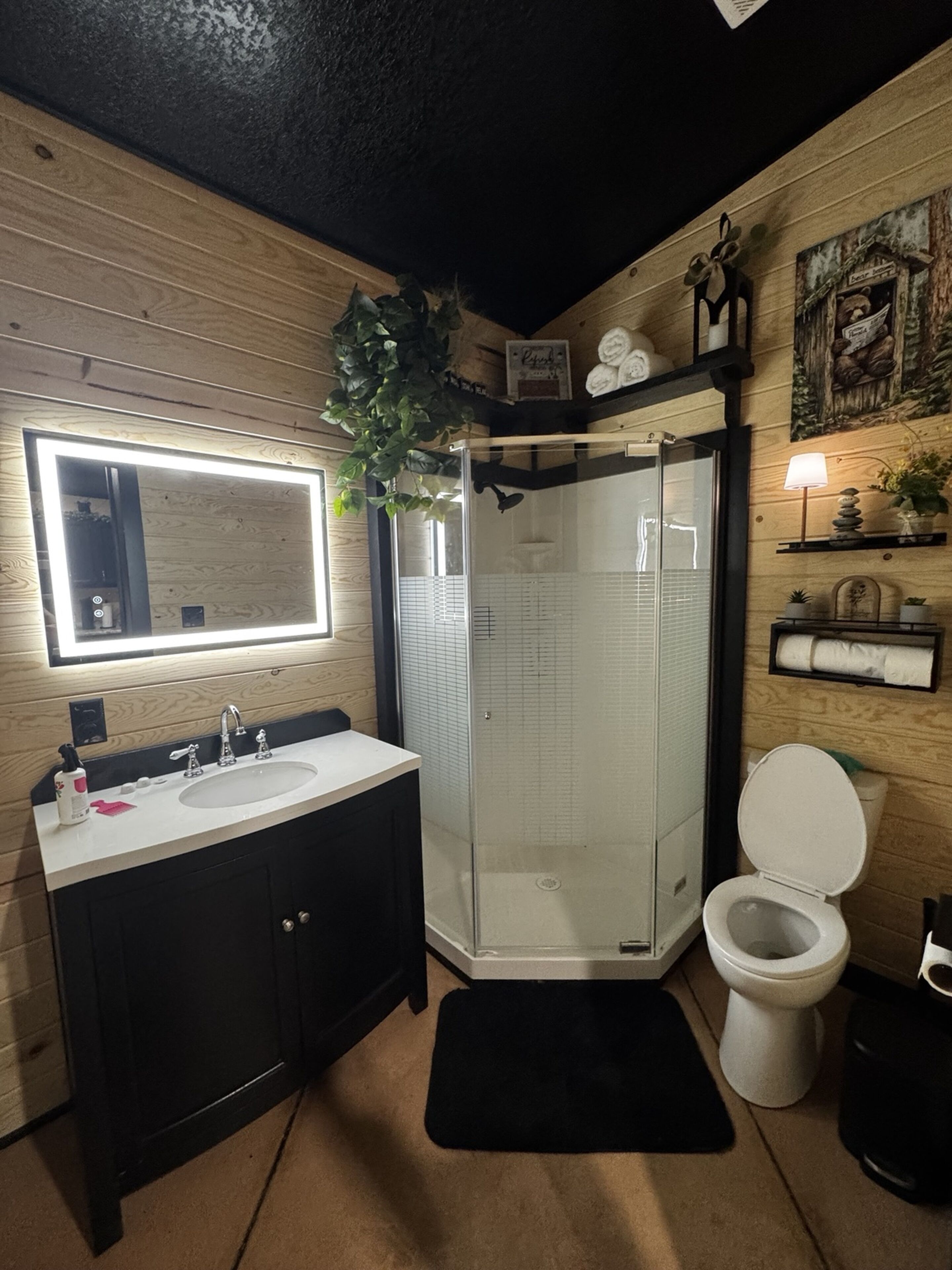 Shower, towels, soap, toilet paper
