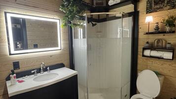 Shower, towels, soap, toilet paper