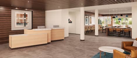 A modern hotel lobby with a reception desk, seating area, and large windows.