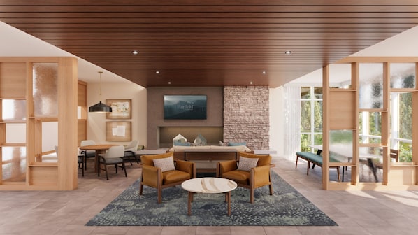 Un salon moderne avec une cheminée, des meubles en bois et une grande fenêtre.