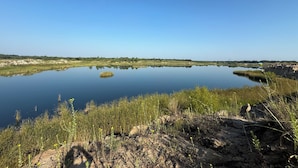 A calm lake with clear reflections, surrounded by grassy areas and some vegetation.