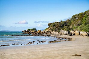 Ein sandiger Strand mit Felsenformationen und dichter Vegetation.