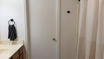 Hair dryer, towels, soap, shampoo