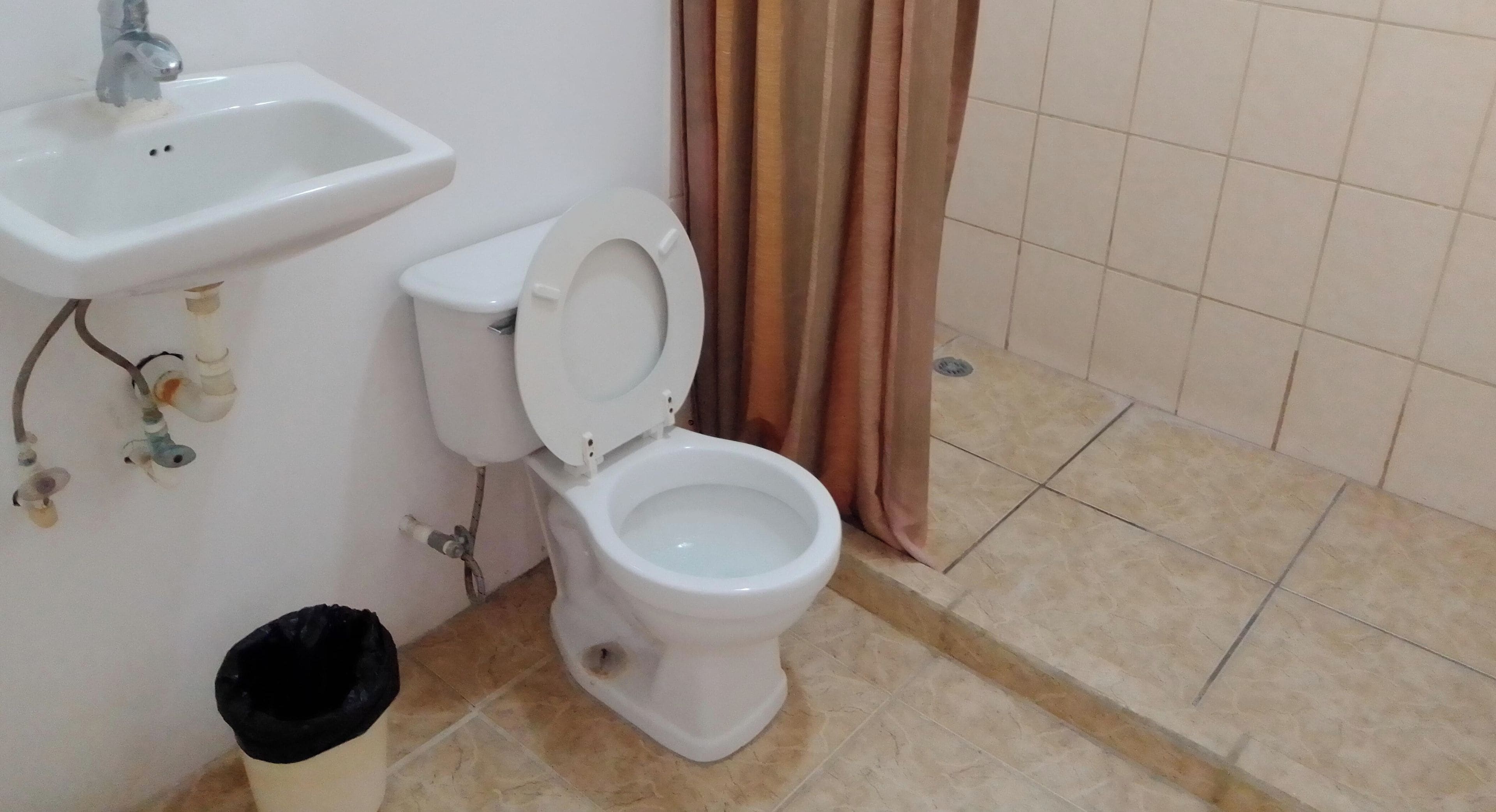 A bathroom with a white sink, toilet, and a black trash bin.