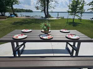 A picnic table with plates and a potted plant, set against a lakeside backdrop.