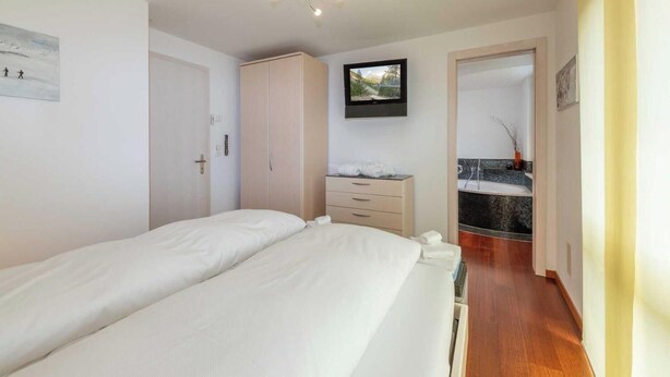Une chambre avec un lit, une armoire, une télévision et une salle de bain avec douche et vue.