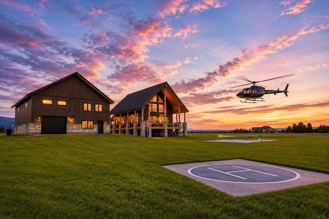 Ein großes, zweistöckiges Gebäude mit einer überdachten Veranda und einem Hubschrauber im Hintergrund.