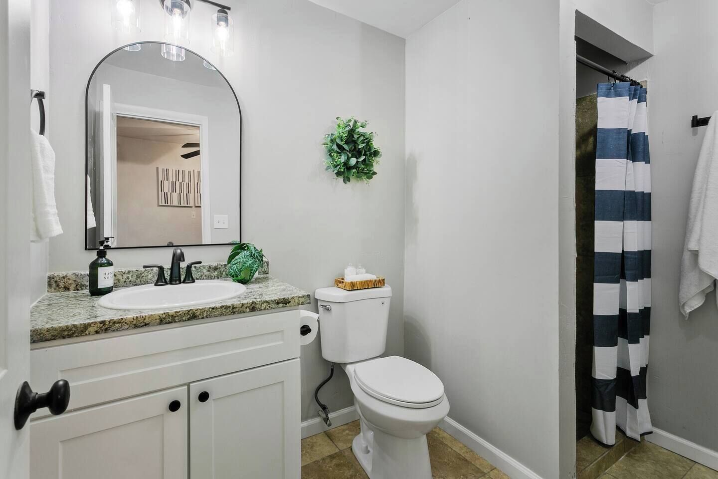 Hair dryer, towels, soap, shampoo