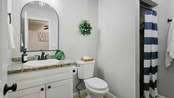 Hair dryer, towels, soap, shampoo