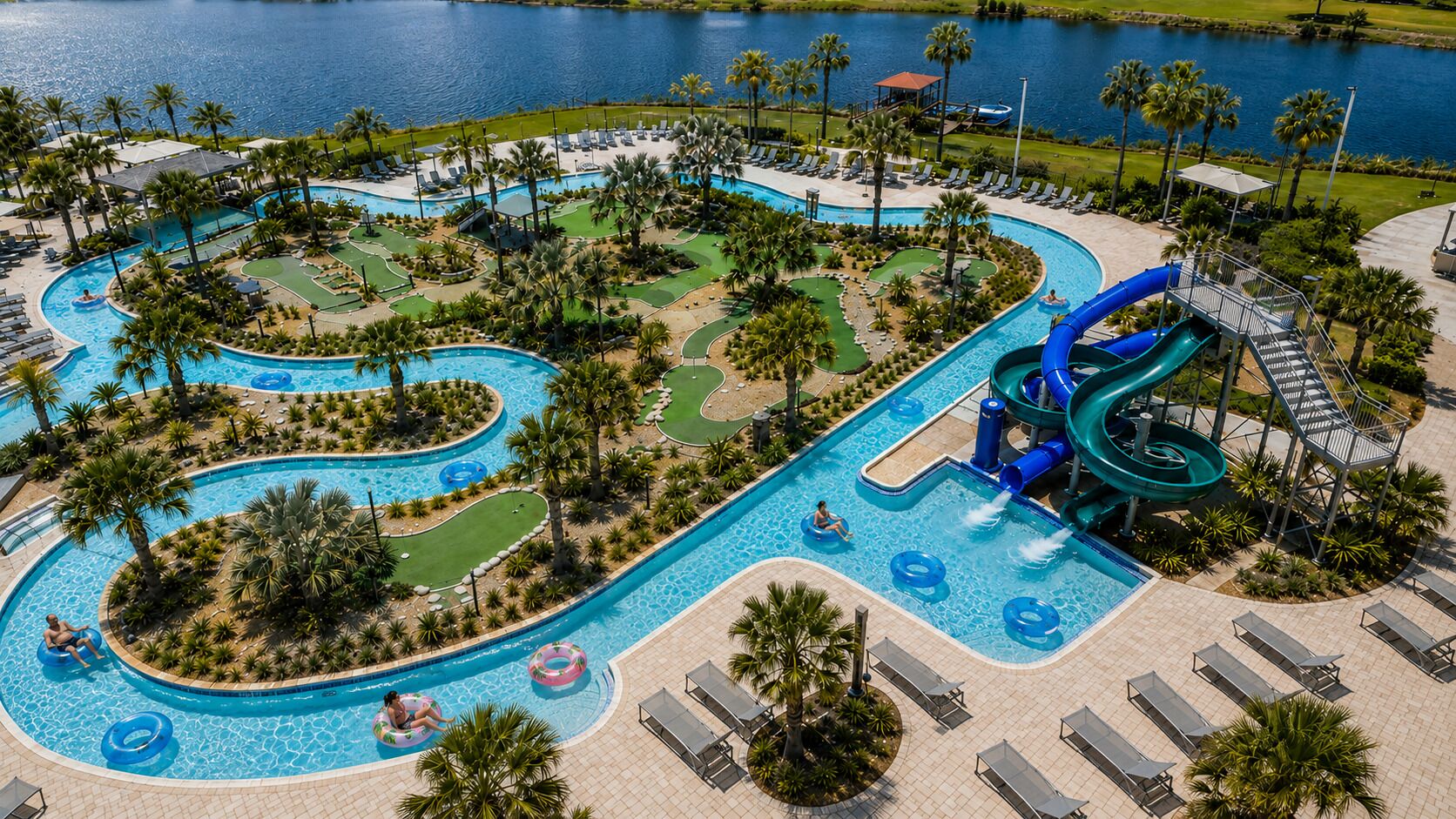 A large outdoor swimming pool with multiple lanes and a water slide.
