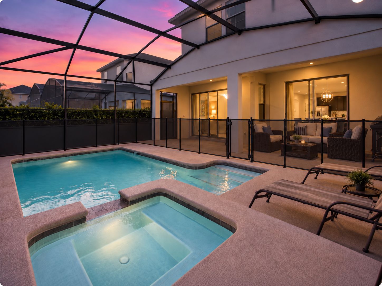 A rooftop pool area with a glass enclosure, outdoor seating, and a view of the cityscape at dusk.