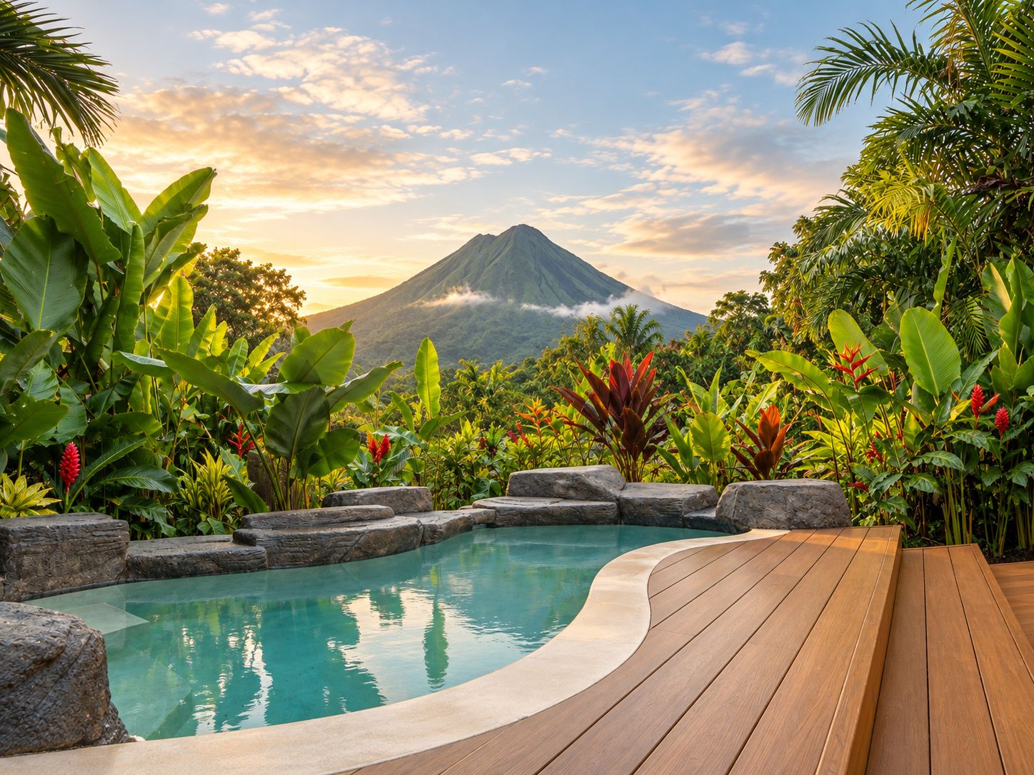 A wooden deck leading to a pool with tropical plants and a mountain in the background.