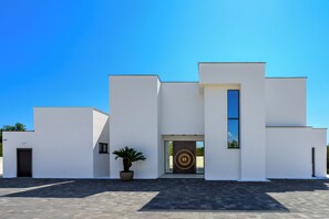 A modern building with a symmetrical facade, a central entrance with a decorative door, and a potted plant in the foreground. - Villa Terra Silentis (Istria - Pula) (Juršići)