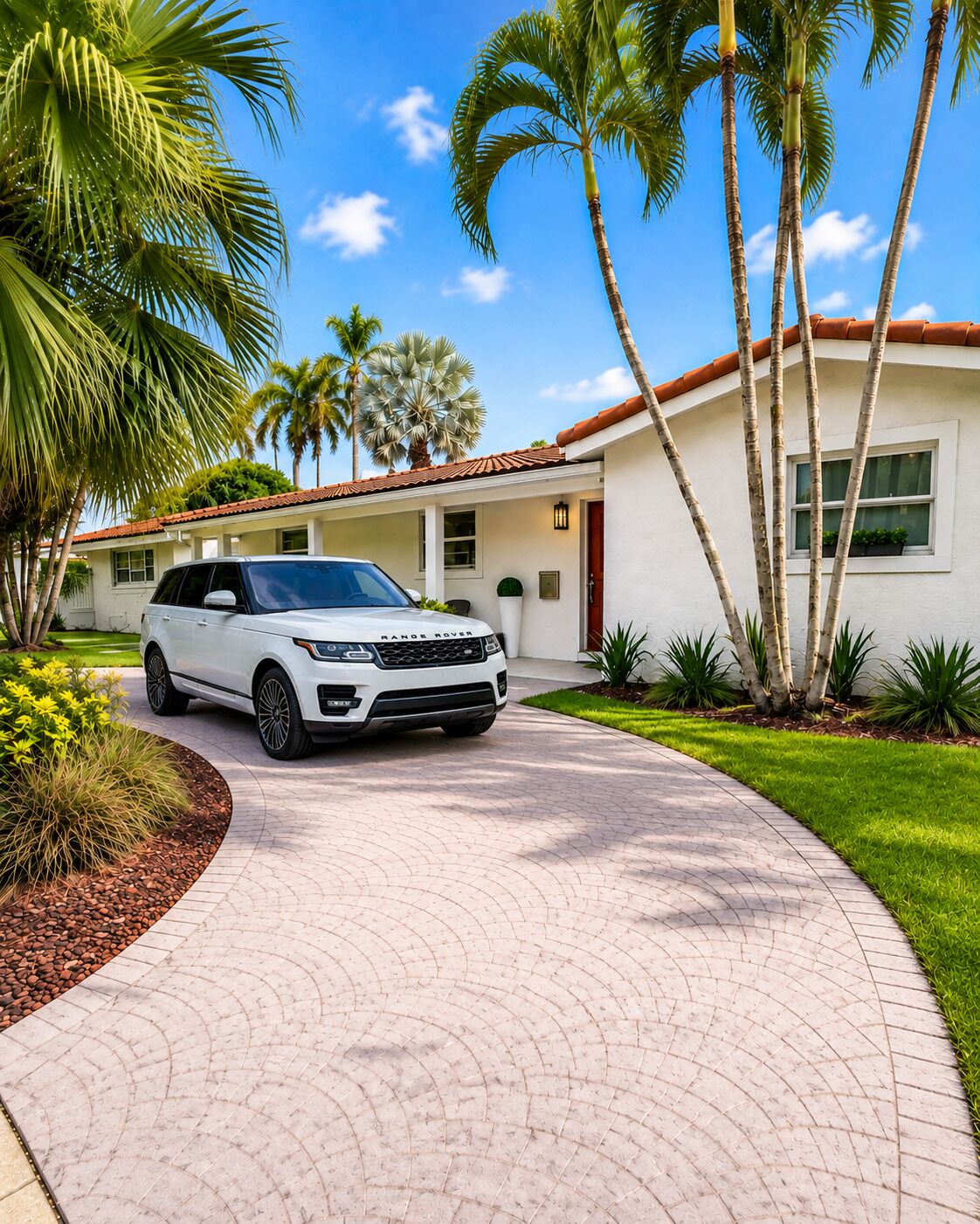 Een witte Range Rover geparkeerd voor een huis met een gebogen oprit, omringd door palmbomen en een helderblauwe lucht.
