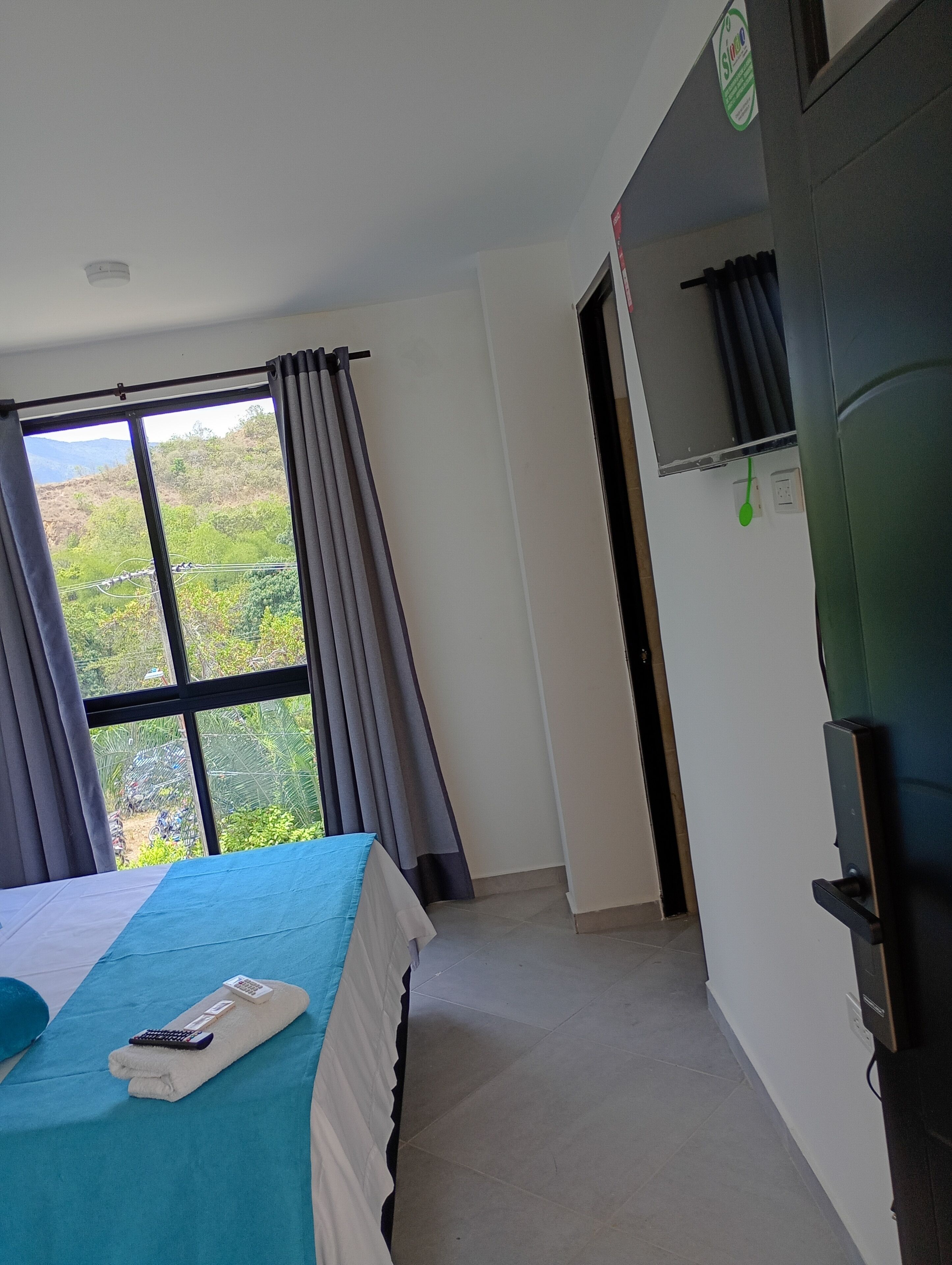 Una habitación de hotel con cama, ventana con cortinas, puerta y televisor montado en la pared.
