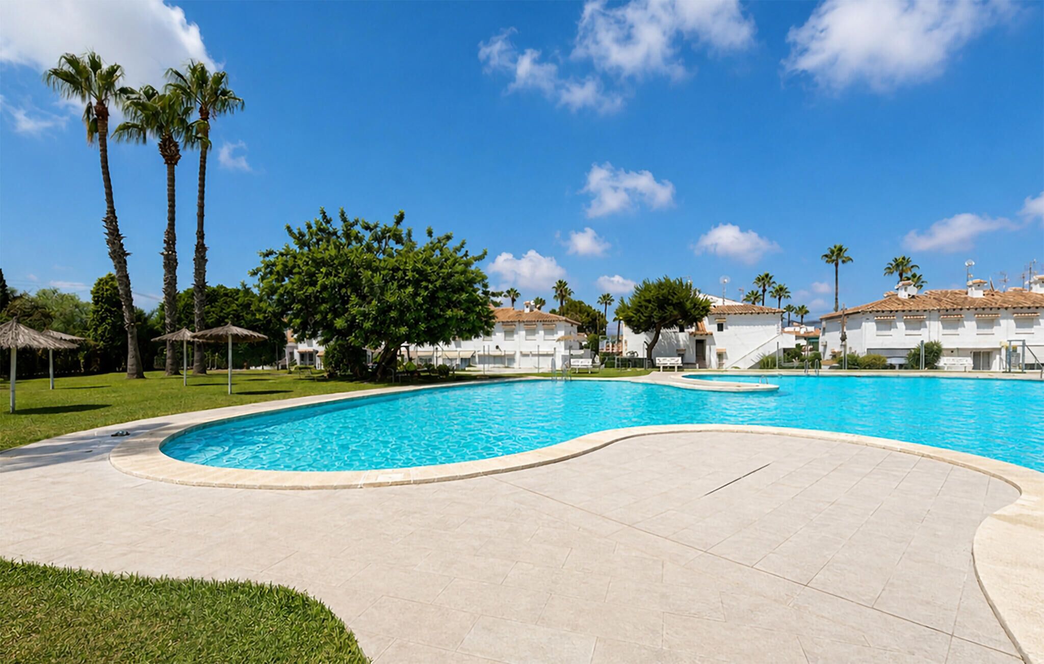 A swimming pool with a curved edge, surrounded by a paved area, palm trees, and white buildings with red-tiled roofs.