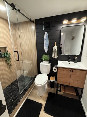 Douche, serviettes fournies, savon, papier toilette