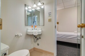 A bathroom with a sink, mirror, and toilet. - AWESOME Location!! Budget Friendly Historic Suite! (Nashville)