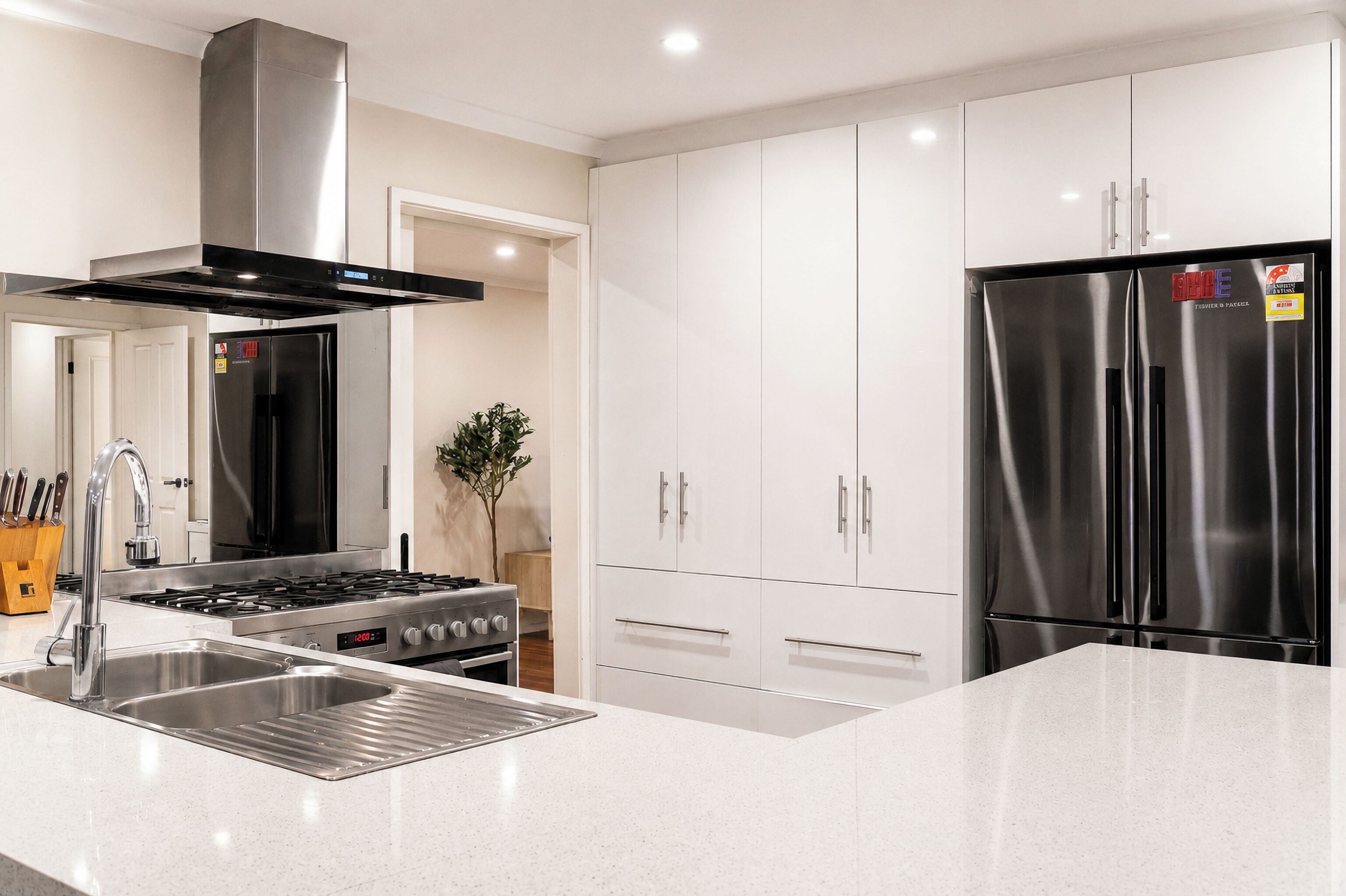 A modern kitchen with stainless steel appliances, a gas stove, and white cabinetry.