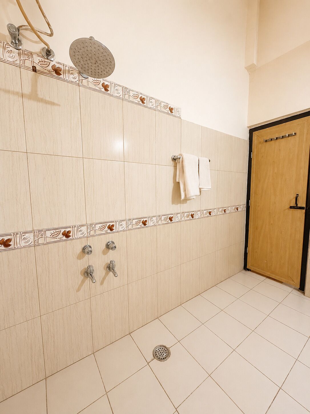 Un bagno con doccia, due rubinetti, un portascopevoli e una porta in legno.