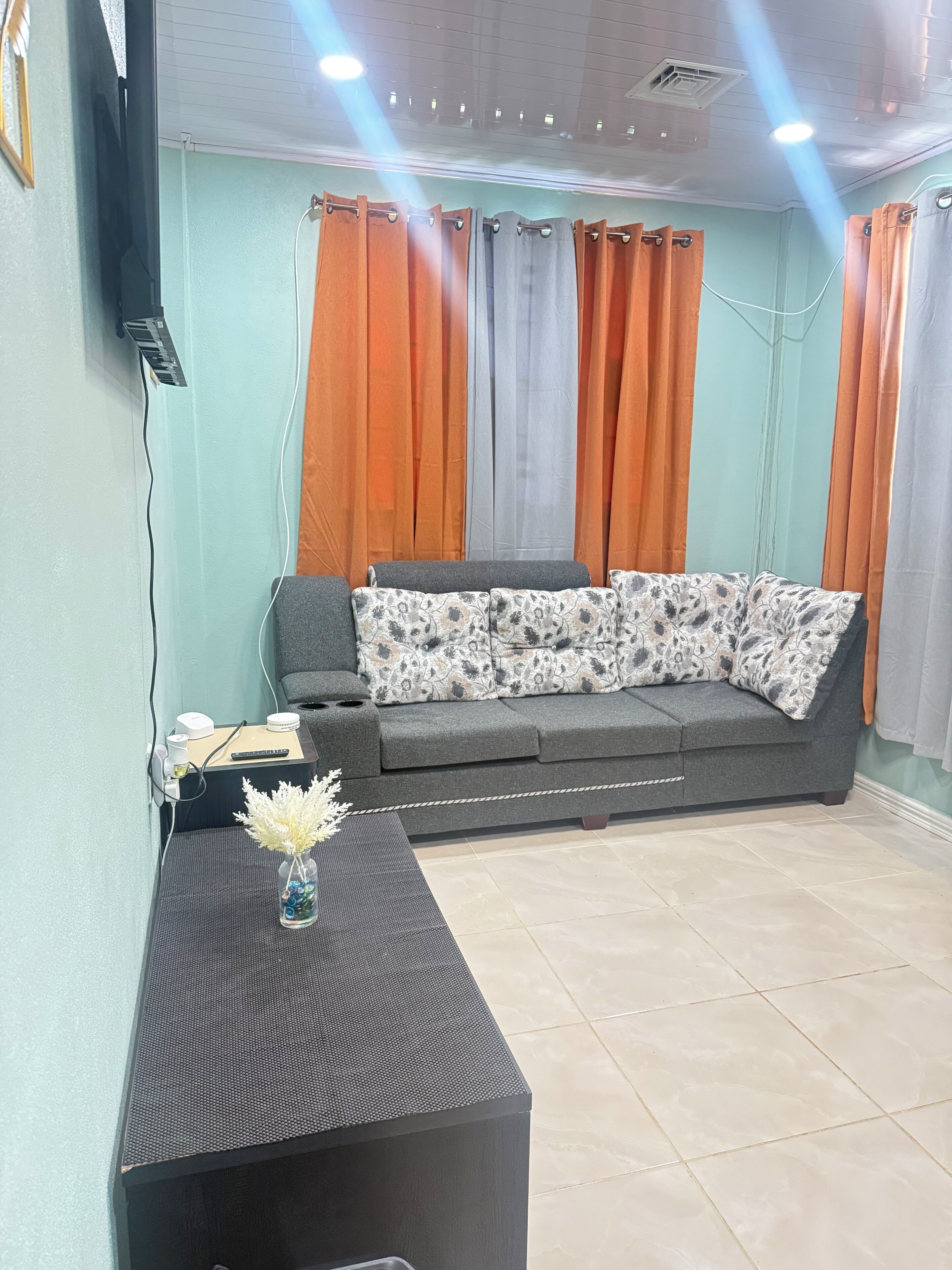 A living room with a grey sofa, a black entertainment unit, and a vase with white flowers.