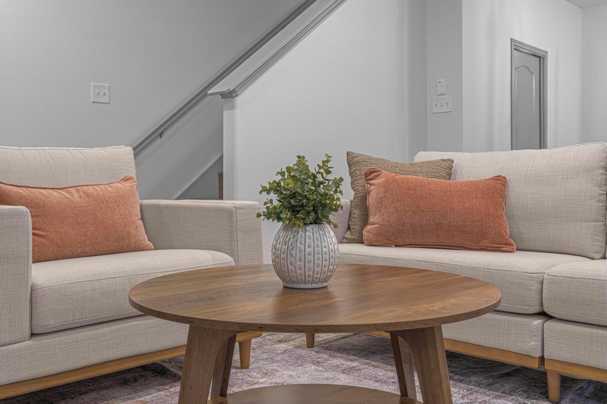 A living room with a sofa, two pillows, a coffee table, and a plant.