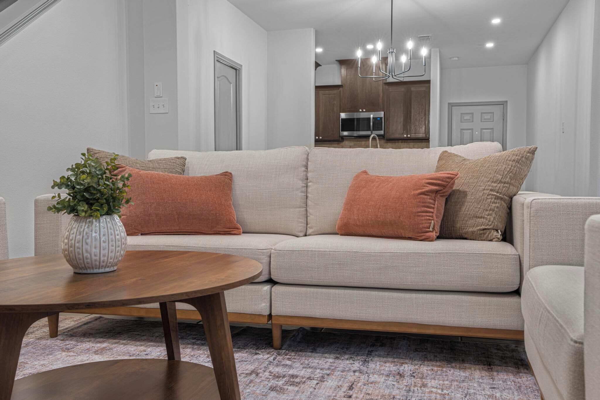 A modern living room with a sofa, a coffee table, and a potted plant.