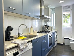 Une cuisine moderne avec des meubles gris, un évier en acier inoxydable, une bouilloire, une cuisinière et un lave-linge.