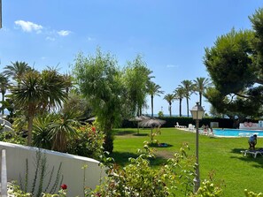 Ein Poolbereich mit Liegestühlen und einer Struktur mit Reetdach.