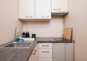 A compact kitchen with a sink, stove, and cabinets. - Krucza City Heart Apartment (Warszawa)