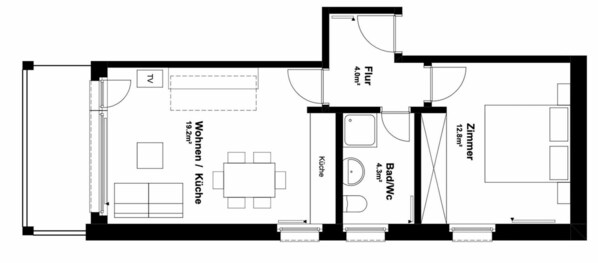 Een plattegrond met een woonkamer, keuken, badkamer en slaapkamer.