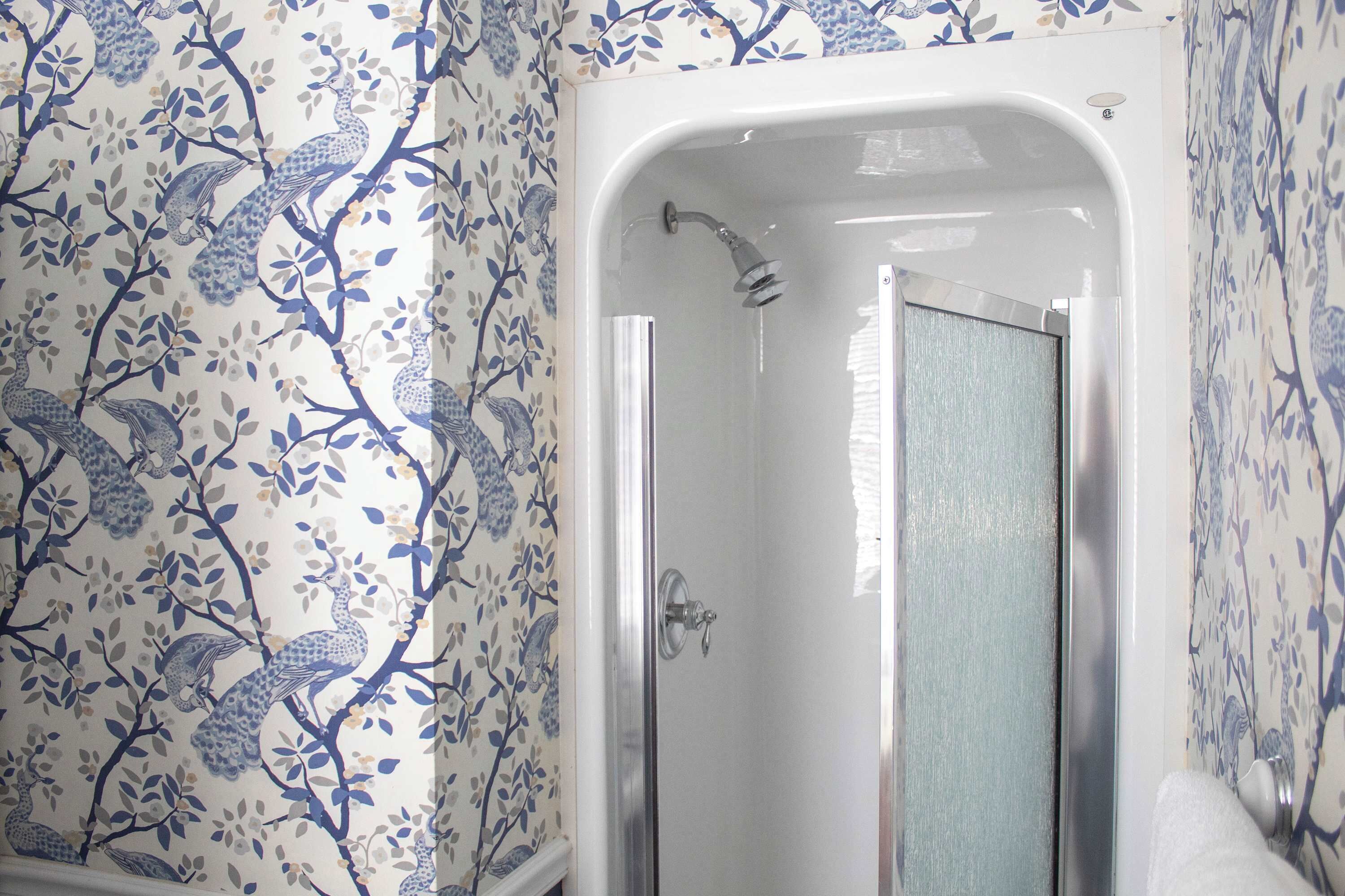 Shower, hair dryer, towels, shampoo