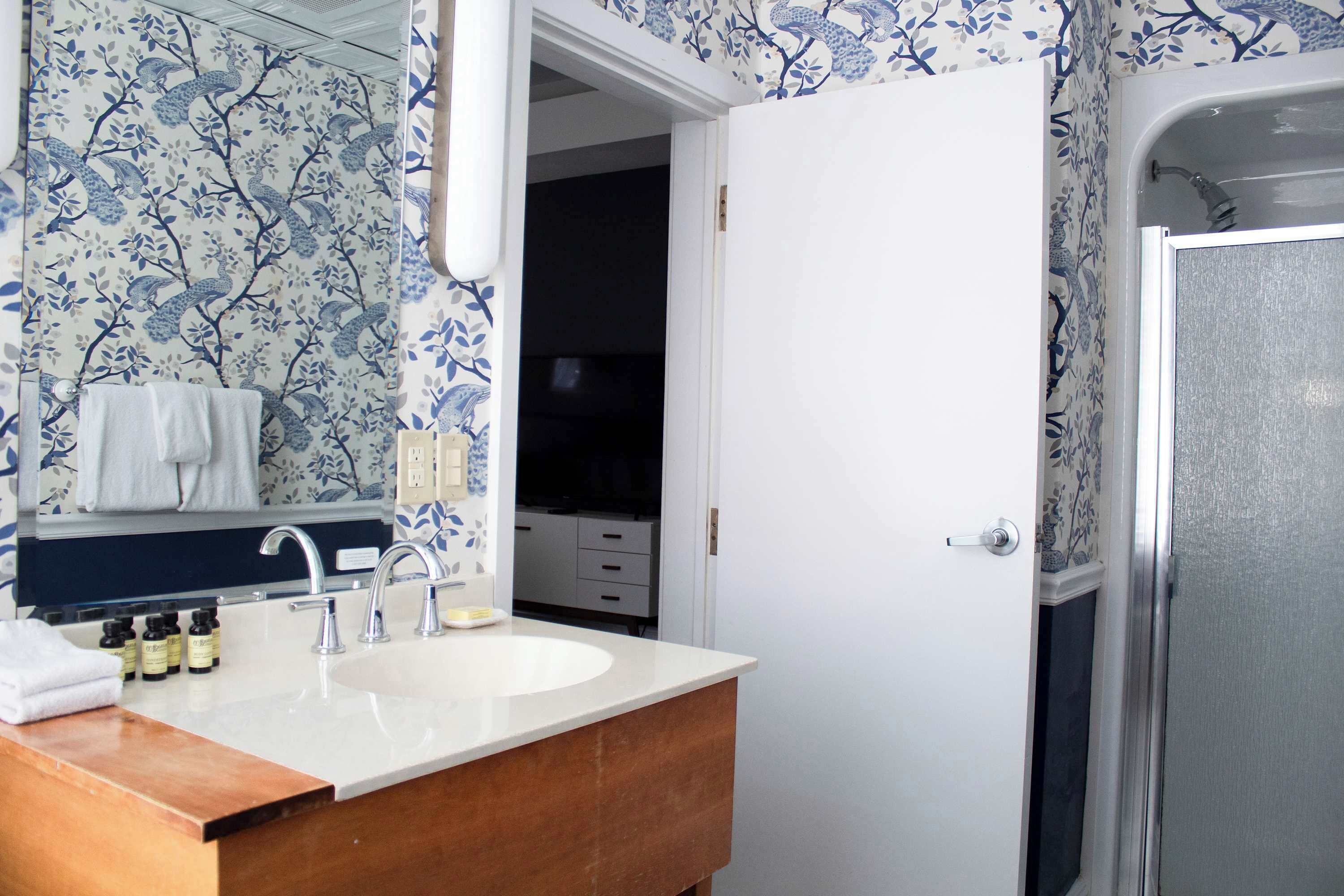 Shower, hair dryer, towels, shampoo