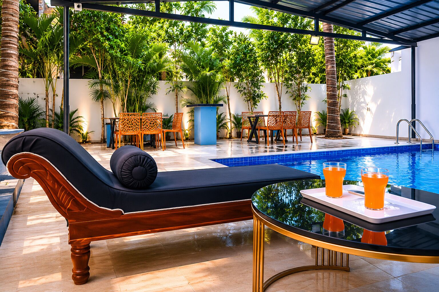 Un espace aménagé au bord de la piscine, avec un fauteuil de relaxation, une table avec des boissons et la piscine elle-même.
