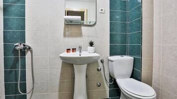 A bathroom with a pedestal sink, a toilet, and a shower.